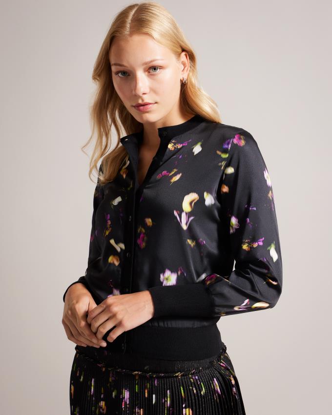 Cardigan Ted Baker Floral Satin Front Noir Femme | HGF-63361016